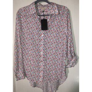 Jane & Delancey Medium Button Up Shirt Long Sleeve Roll Tab Floral White  NWT